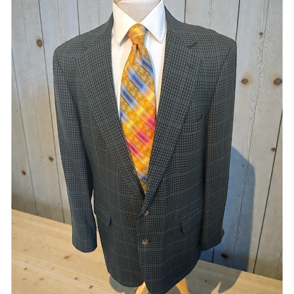 Southampton Blazer 44L Wool Tweed Green Brown Houndstooth Suit Jacket Sport Coat